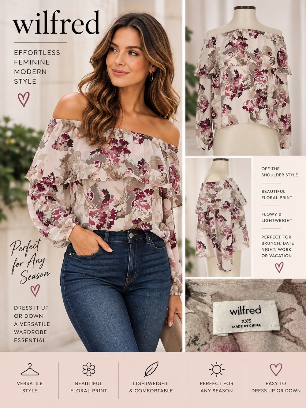 Wilfred Women’s Floral Off Shoulder Ruffle Blouse Pink Beige XXS